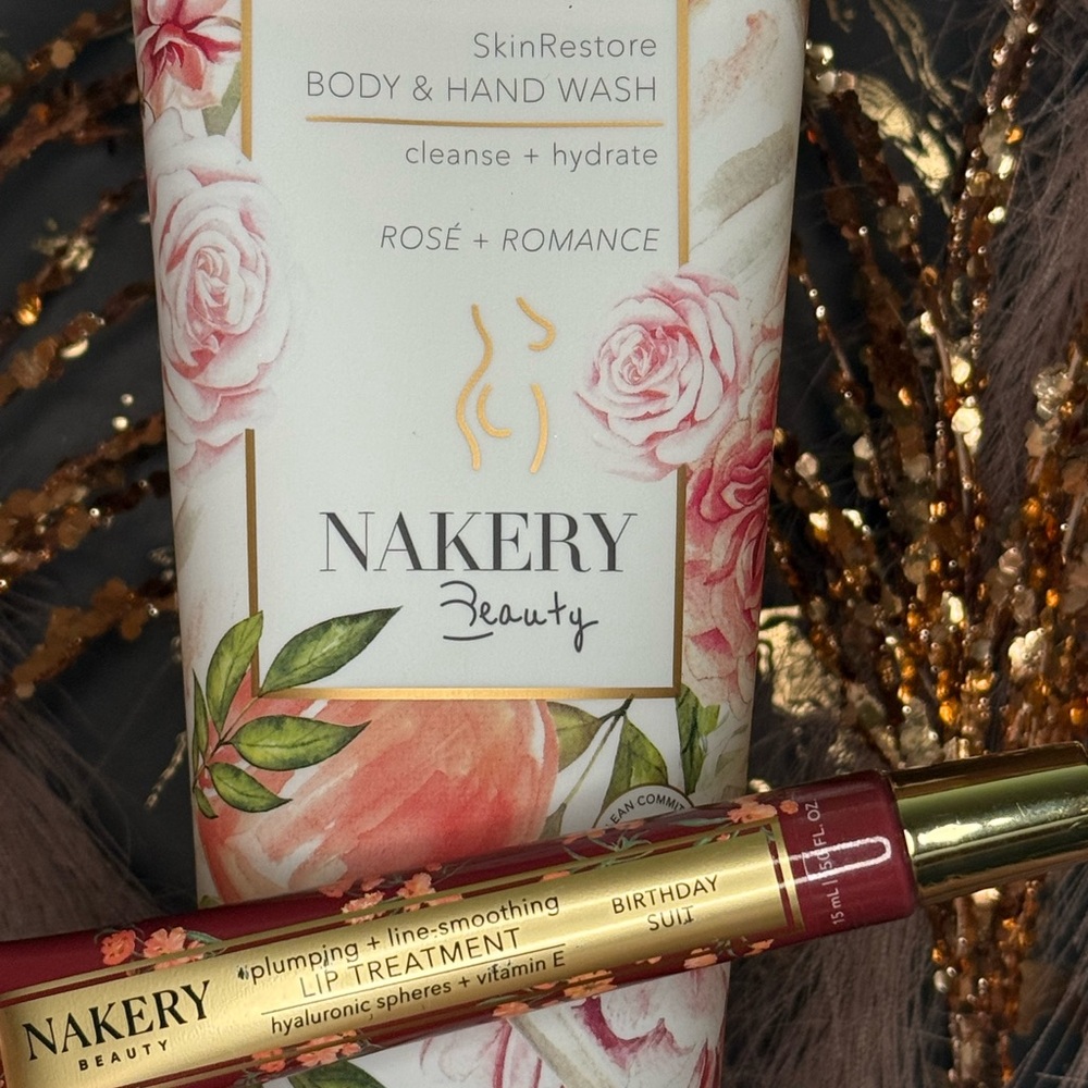 Nakery Beauty Rosé Romance Body Wash 9.8 oz + Lip Treatment Birthday Suit NEW